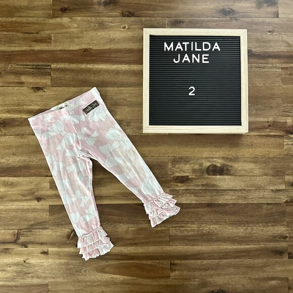 Matilda Jane Vintage Good Hart Pink Cream Bows Ruffles Ryba’s Knit Leggings 2 - Picture 1 of 5